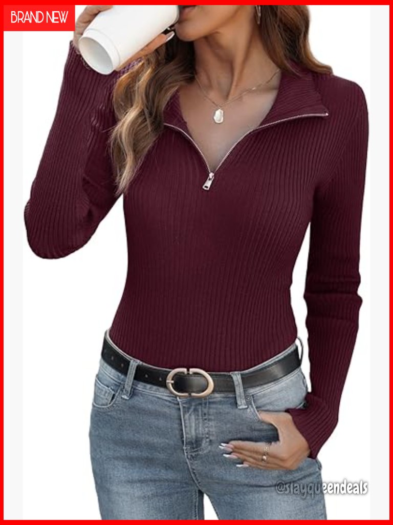 Quarter Zip Knit Sweater Long Sleeve Pullover Fitted Business Casual Work